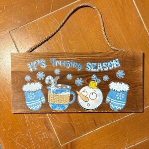 Winter Snowman Wooden Sign - Brown and Blue